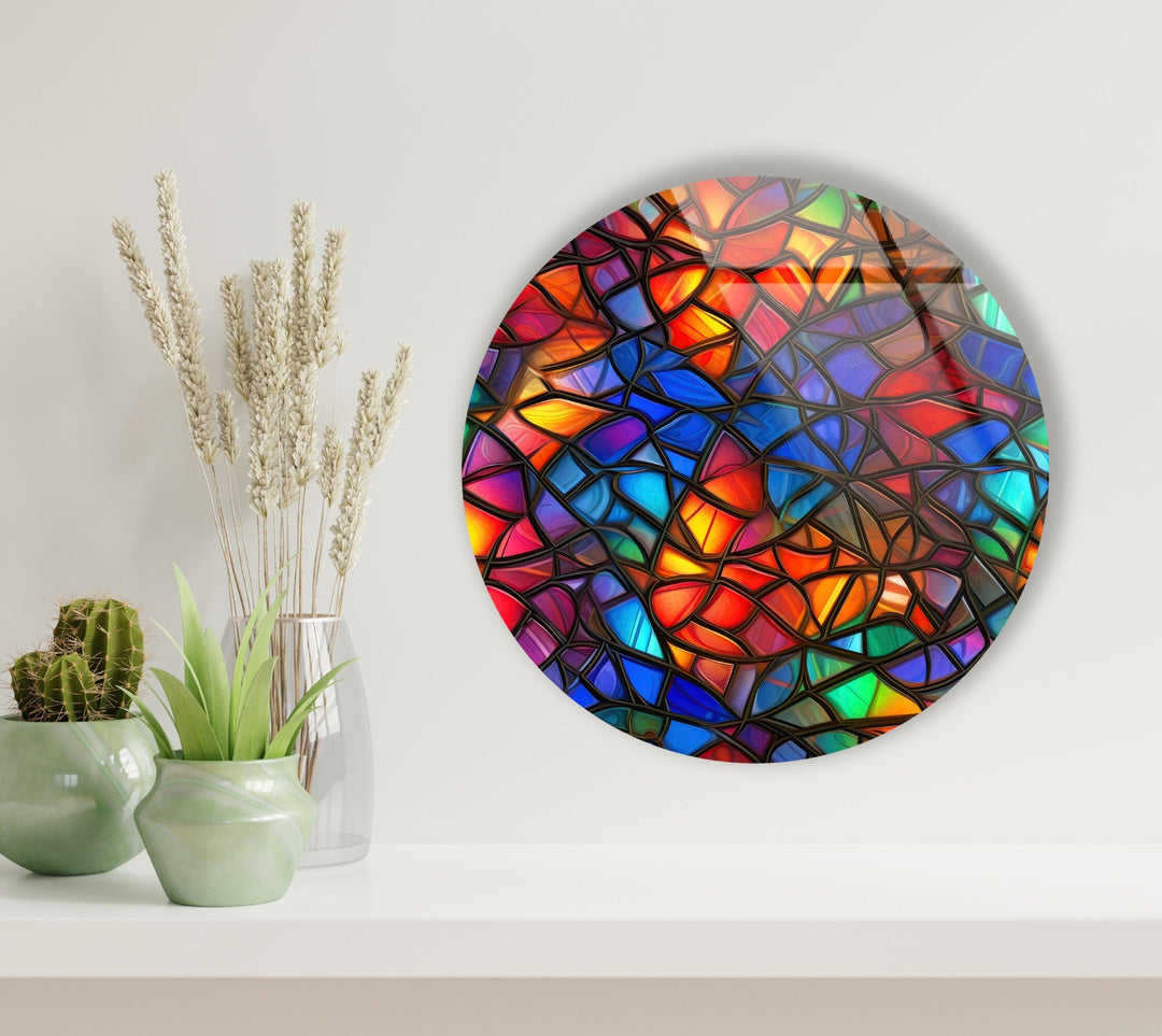 Stained Round Blue & Red Glass Wall Art print on glass, glass printed photos
