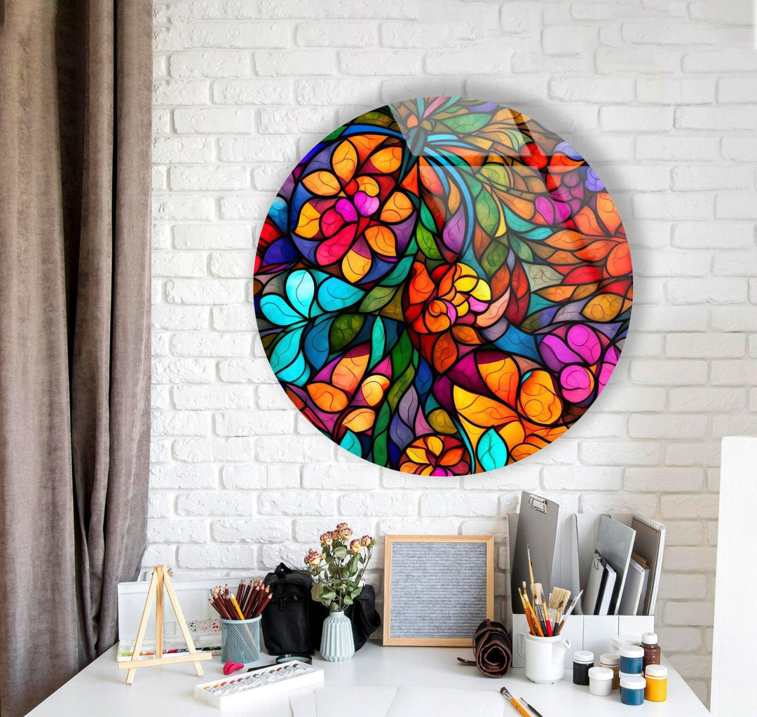 Stained Colored Fractal Round Glass Wall Art glass pictures for Wall, glass prints wall art
