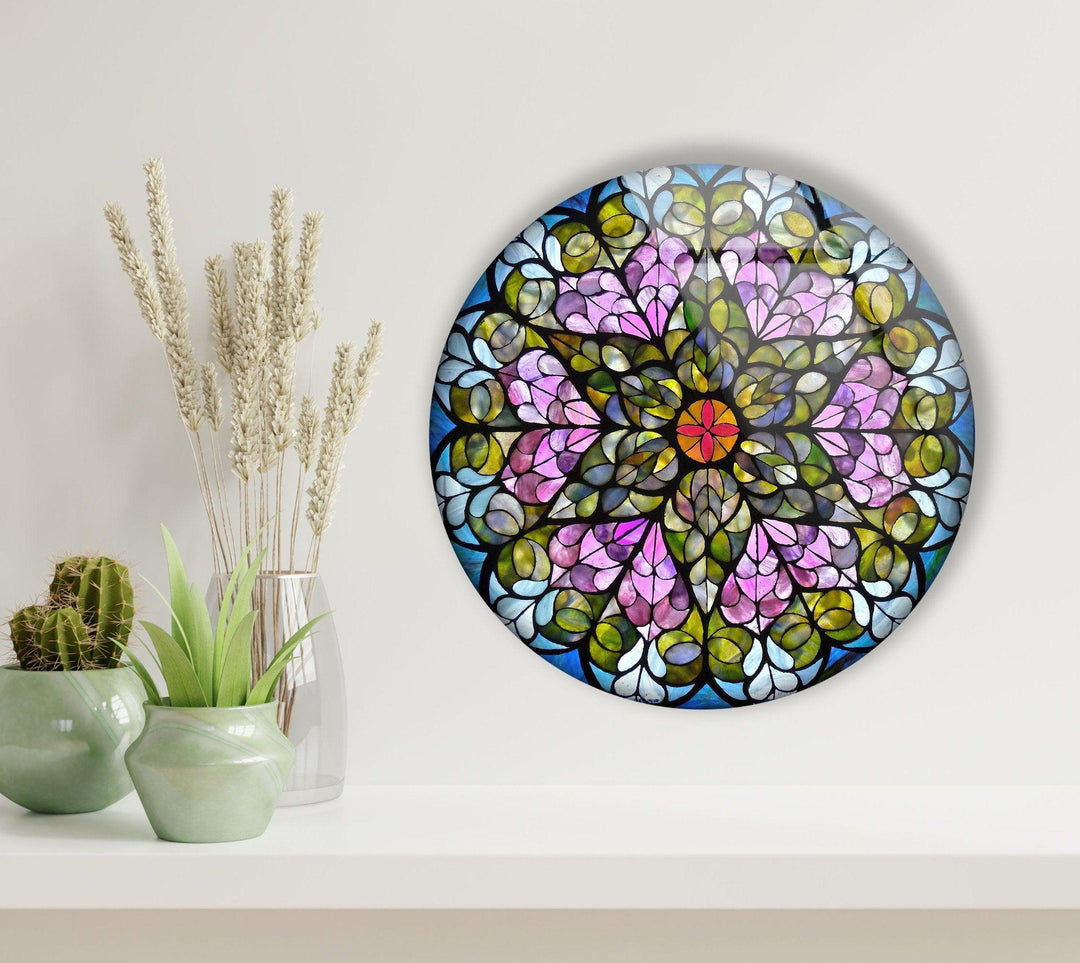 Stained Round Pink Flowers Glass Wall Art large glass photo prints, glass wall photos
