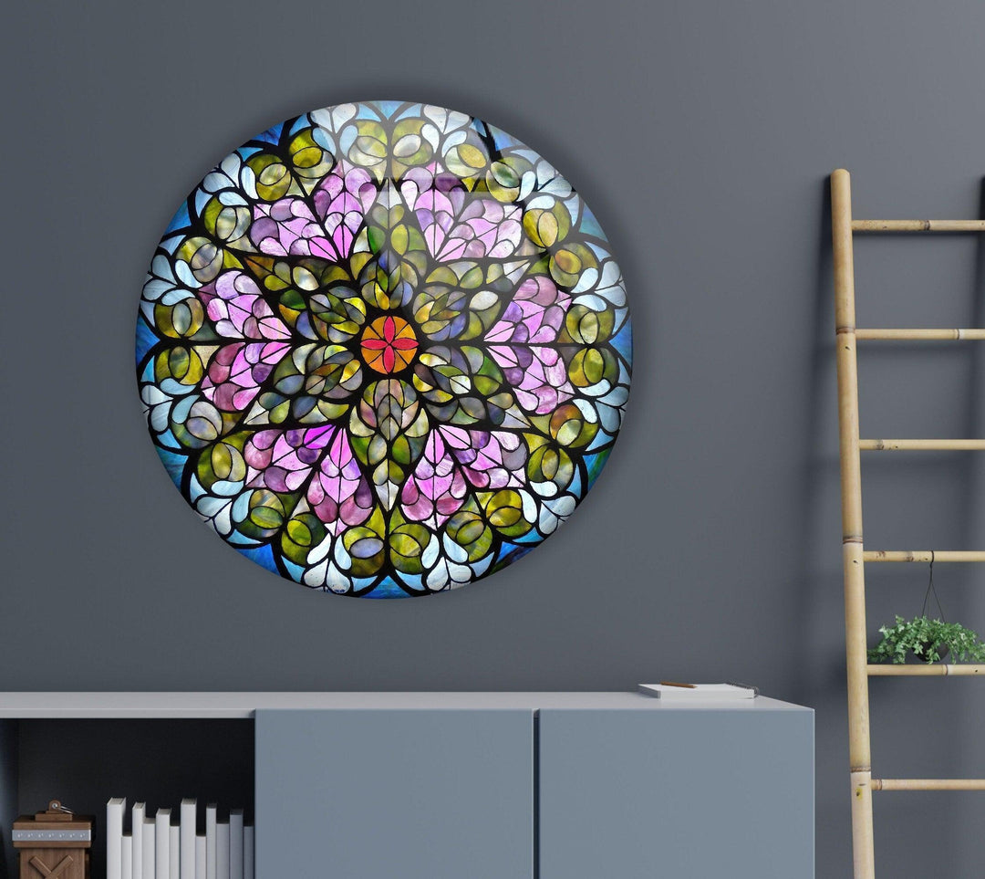 Stained Round Pink Flowers Glass Wall Art custom glass photo prints, large glass prints
