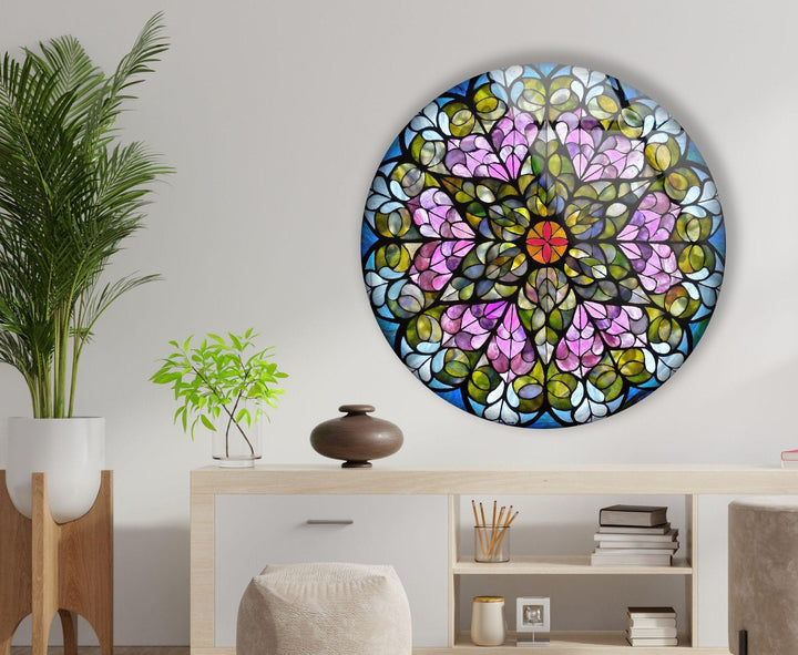 Stained Round Pink Flowers Glass Wall Art print on glass, glass printed photos
