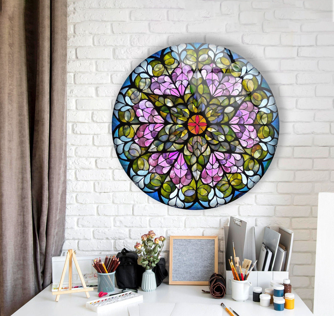 Stained Round Pink Flowers Glass Wall Art glass wall decor, glass wall art decor
