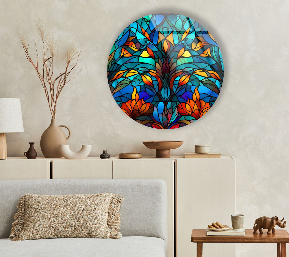 Blue Stained Round Tree Glass Wall Art glass pictures for Wall, glass prints wall art
