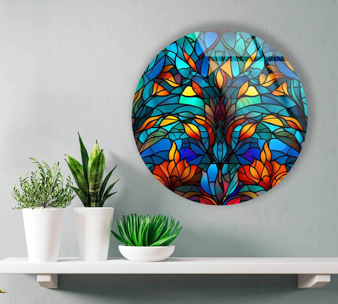 Blue Stained Round Tree Glass Wall Art picture on glass wall art, photos printed on glass
