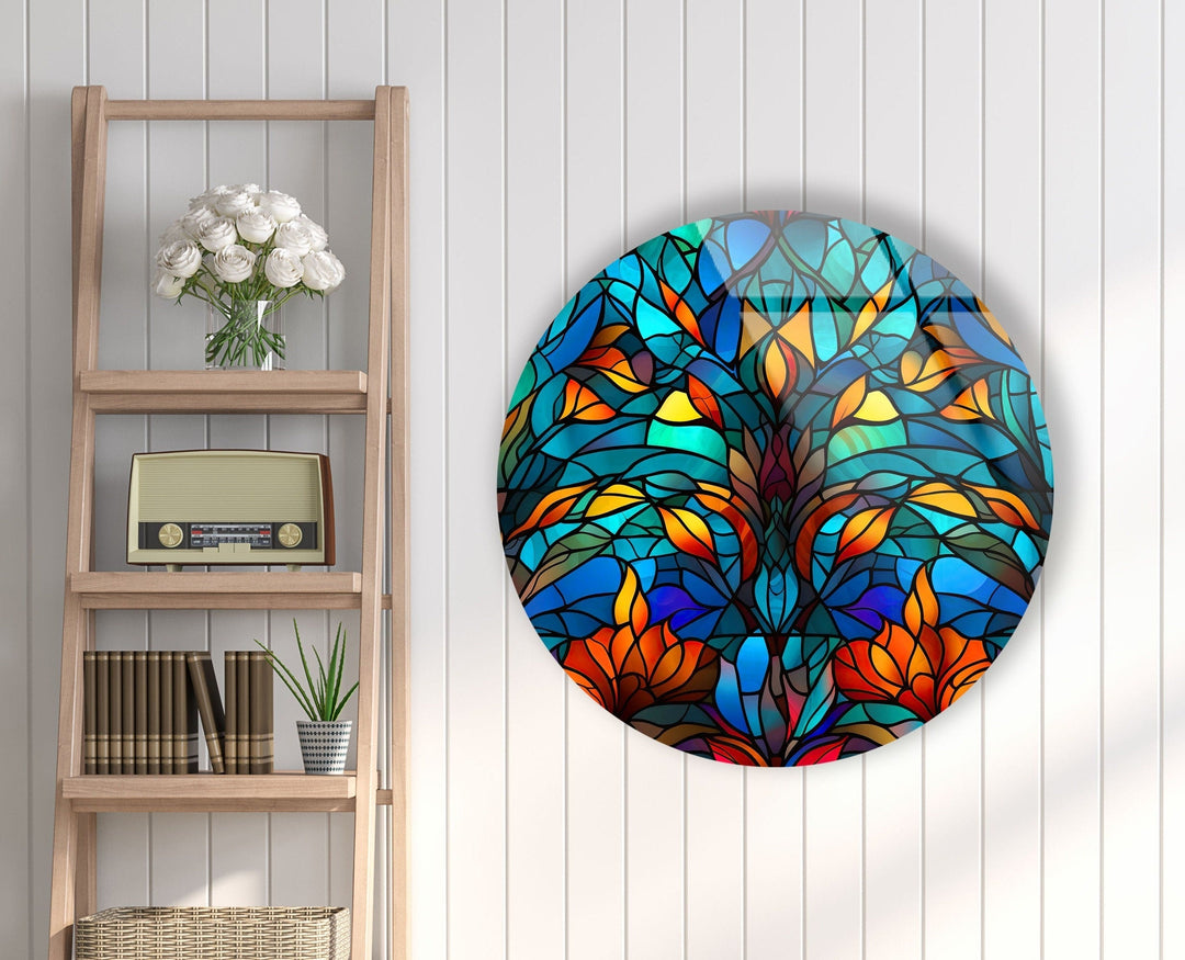 Blue Stained Round Tree Glass Wall Art print on glass, glass printed photos
