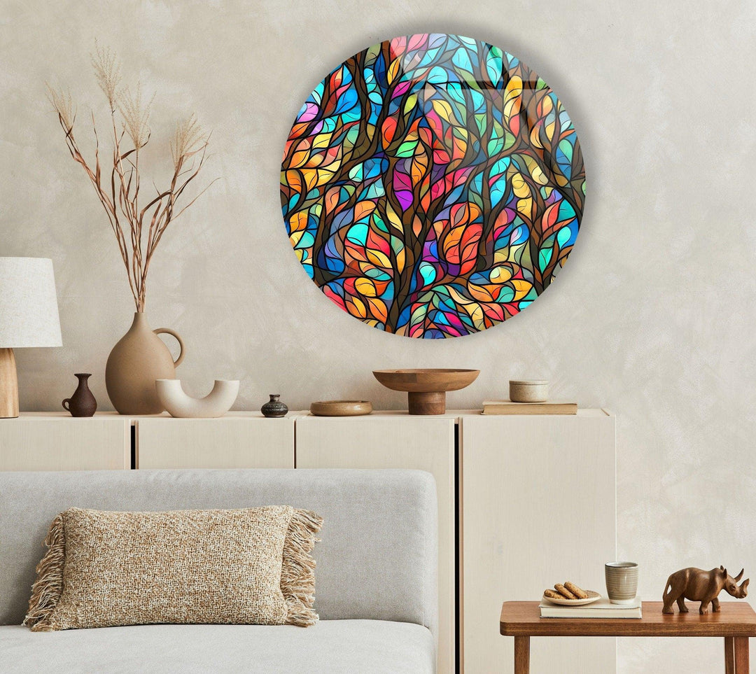 Stained Round Colorful Leaves Glass Wall Art photo print on glass, prints on glass wall art
