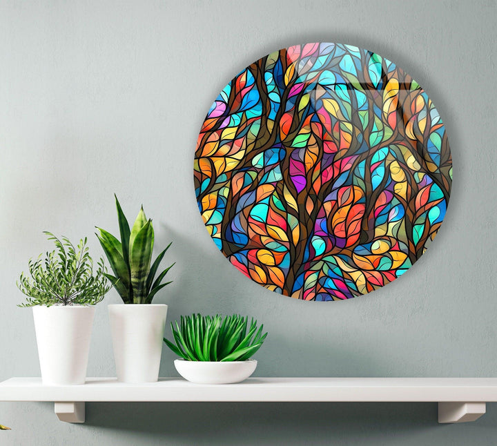 Stained Round Colorful Leaves Glass Wall Art large glass photo prints, glass wall photos
