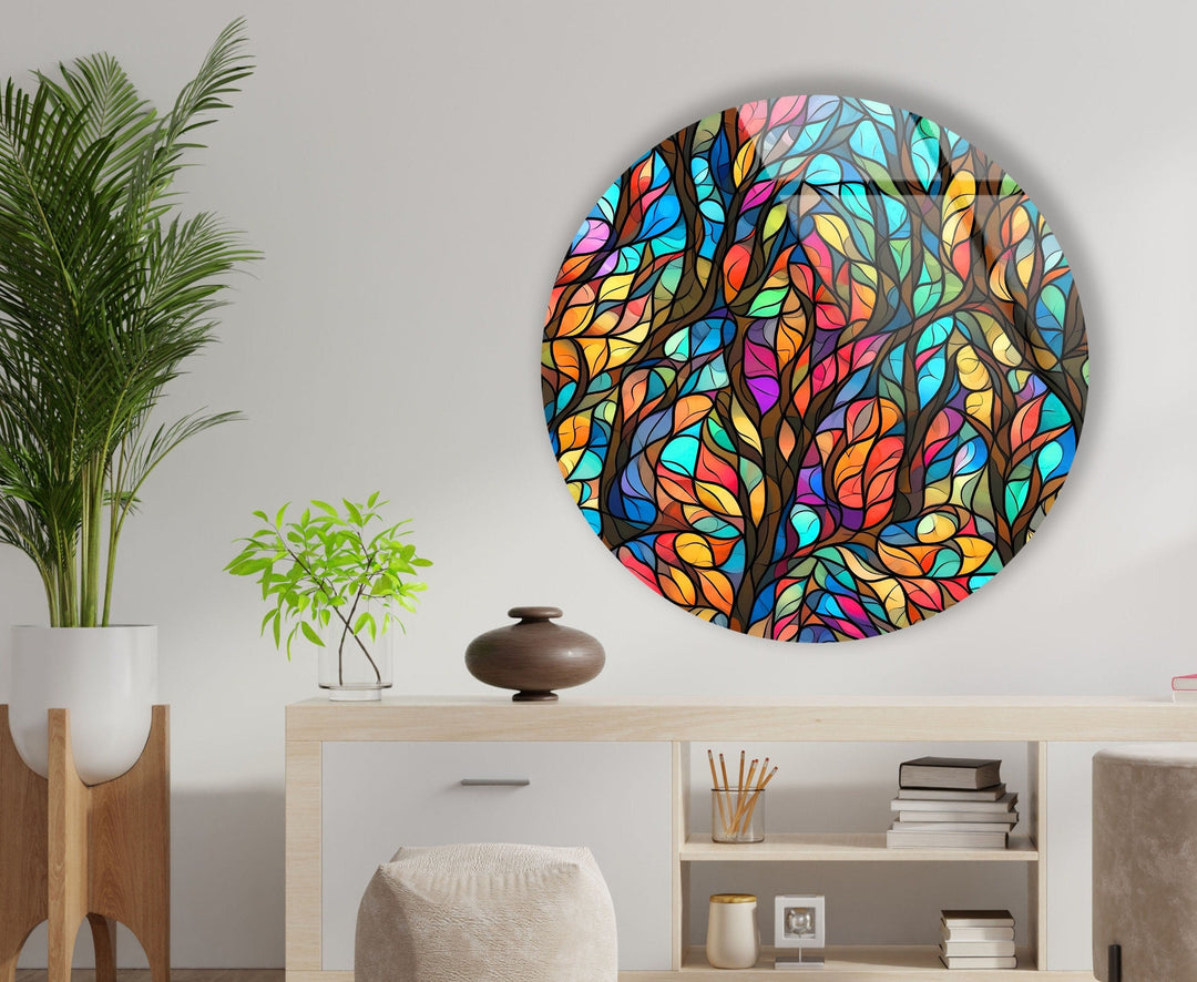 Stained Round Colorful Leaves Glass Wall Art custom glass photo prints, large glass prints
