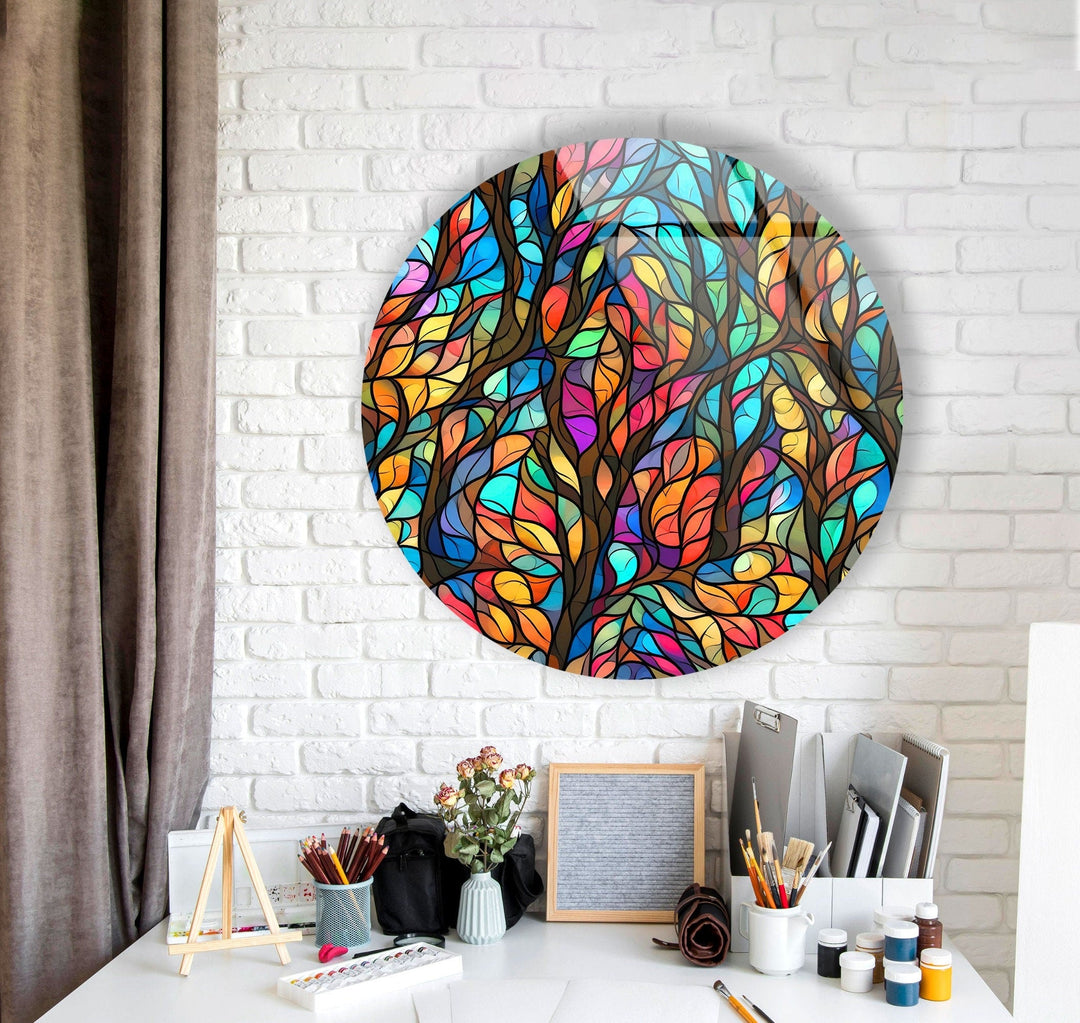 Stained Round Colorful Leaves Glass Wall Art print on glass, glass printed photos
