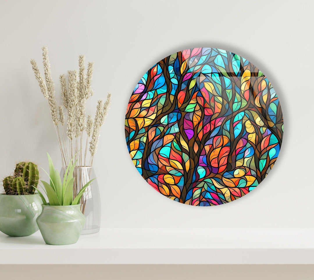 Stained Round Colorful Leaves Glass Wall Art print picture on glass, Tempered Glass Wall Art
