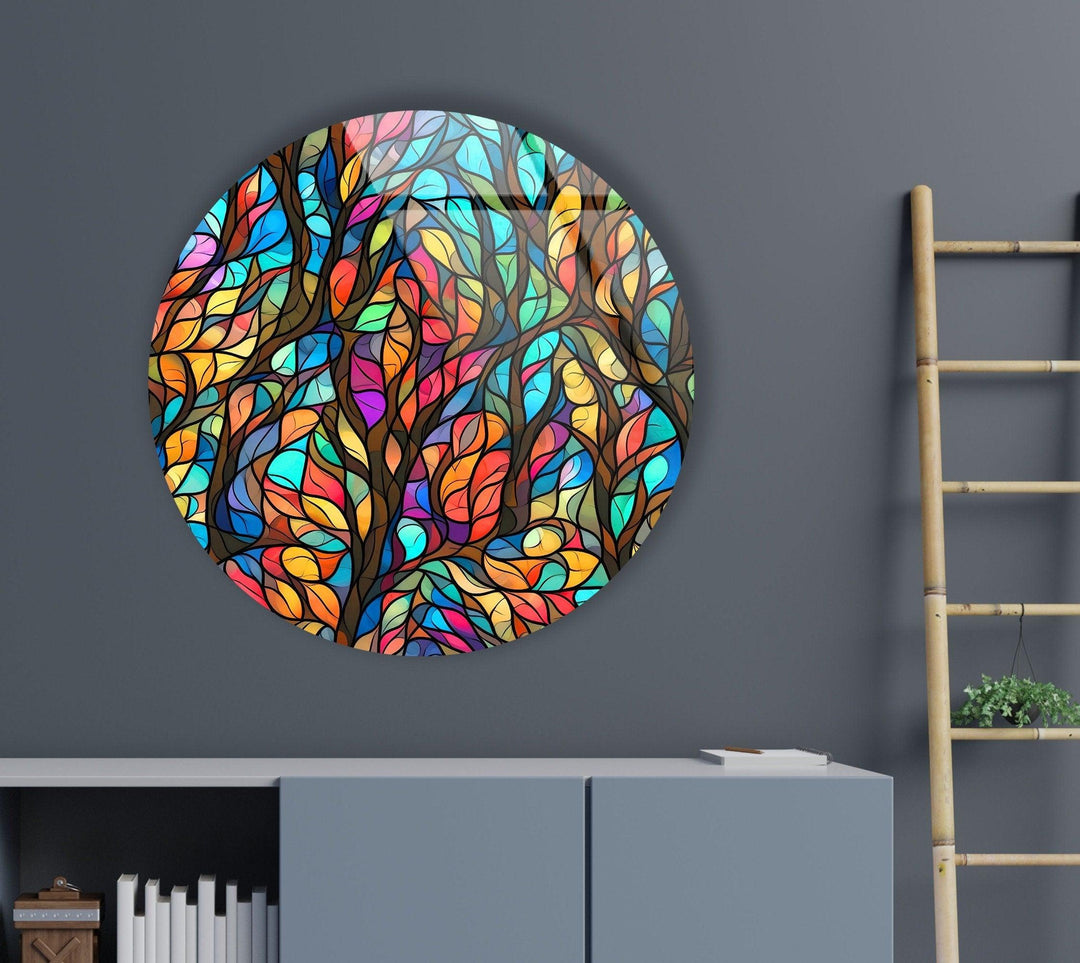 Stained Round Colorful Leaves Glass Wall Art glass wall decor, glass wall art decor
