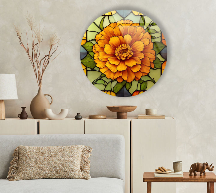 Marigold Flower Stained Round Glass Wall Art stained glass wall art, stained glass wall decor
