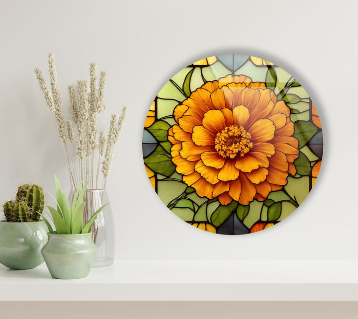 Marigold Flower Stained Round Glass Wall Art glass art painting, glass art for the Wall
