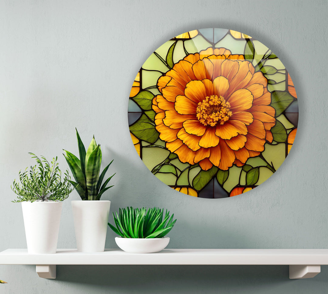 Marigold Flower Stained Round Glass Wall Art art glass wall art, glass wall art pictures
