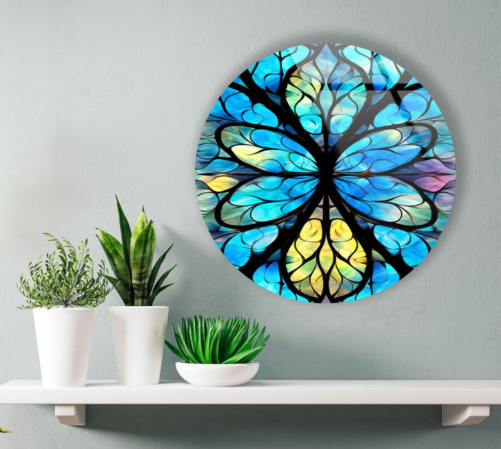 Stained Round Blue Mandala Glass Wall Art Glass Printing Wall Art, Print photos on glass
