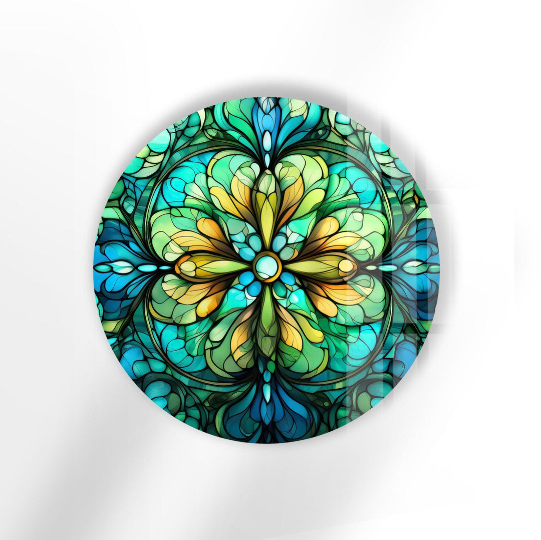 Big Green Flower Stained Round Glass Wall Art stained glass wall art, stained glass wall decor
