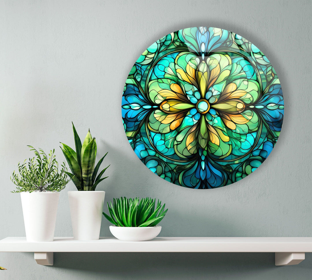 Big Green Flower Stained Round Glass Wall Art glass art painting, glass art for the Wall
