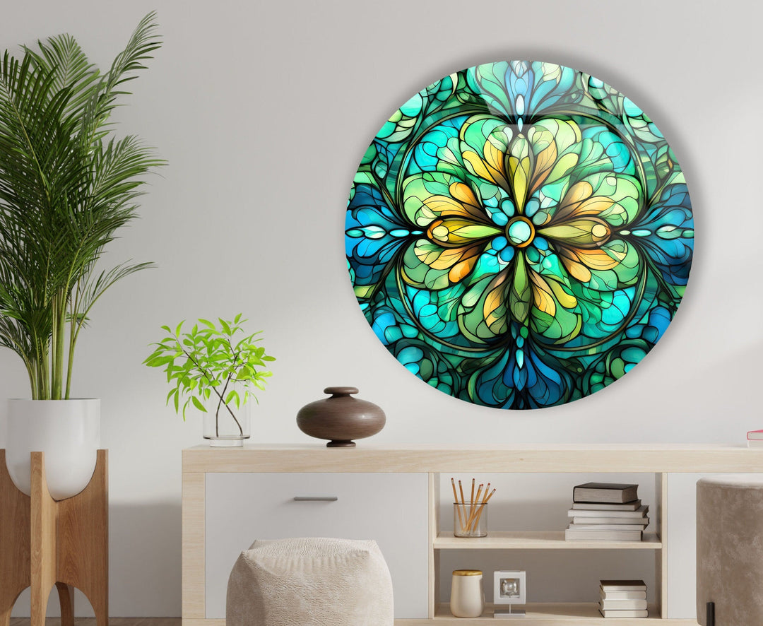 Big Green Flower Stained Round Glass Wall Art Glass Printing Wall Art, Print photos on glass
