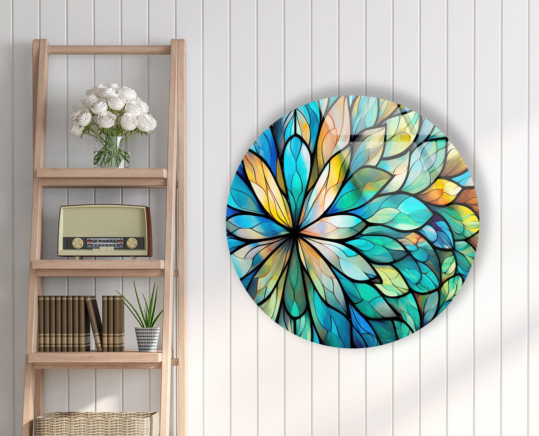 Stained Green Flower Round Glass Wall Art glass art painting, glass art for the Wall