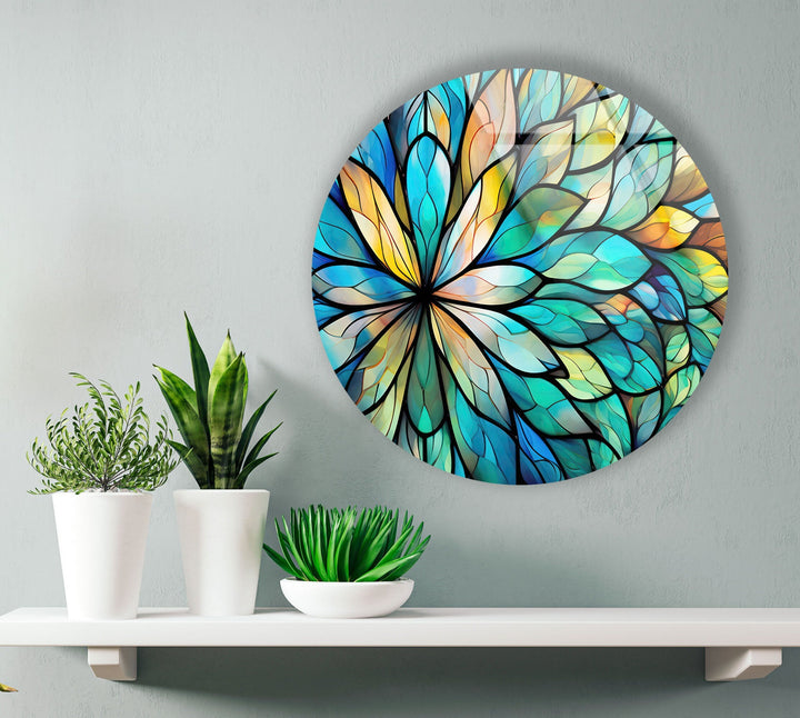 Stained Green Flower Round Glass Wall Art glass pictures for Wall, glass prints wall art