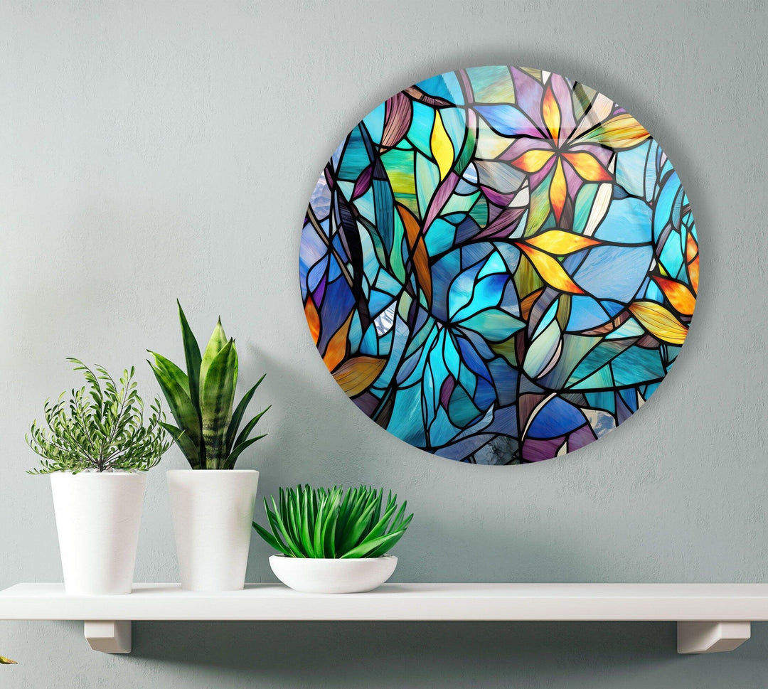 Stained with Floral Patterns Round Glass Wall Art glass pictures for Wall, glass prints wall art
