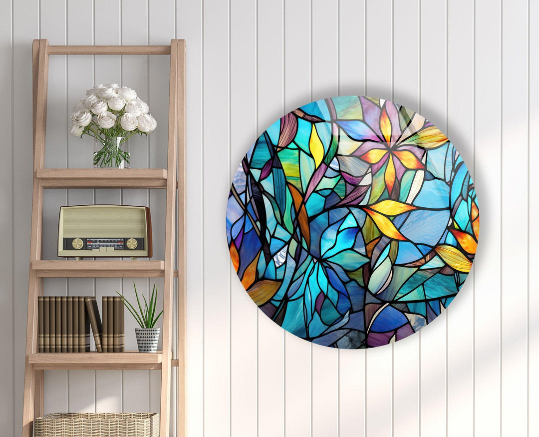 Stained with Floral Patterns Round Glass Wall Art custom glass pictures, glass art prints
