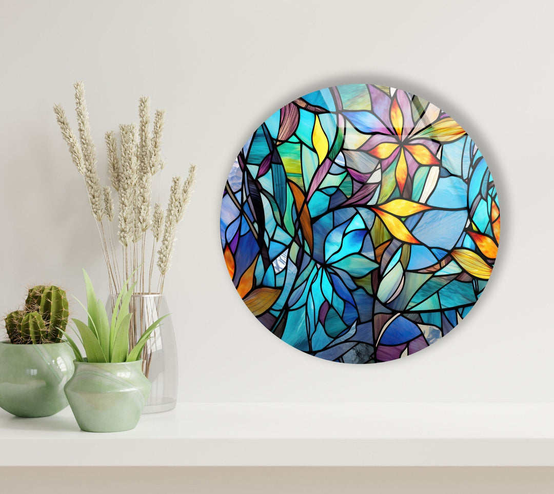 Stained with Floral Patterns Round Glass Wall Art large glass photo prints, glass wall photos
