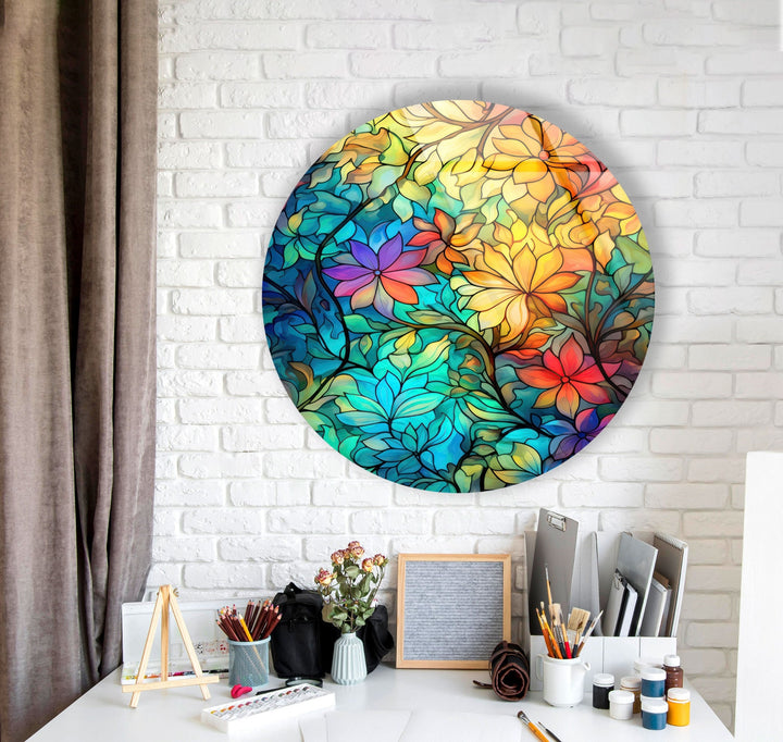 Colored Flowers Stained Round Glass Wall Art glass art painting, glass art for the Wall
