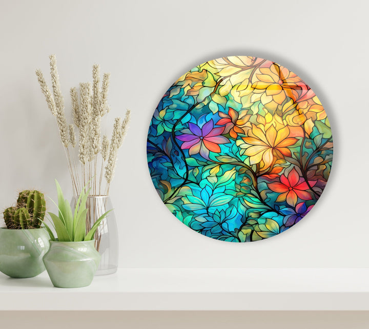 Colored Flowers Stained Round Glass Wall Art photo print on glass, prints on glass wall art
