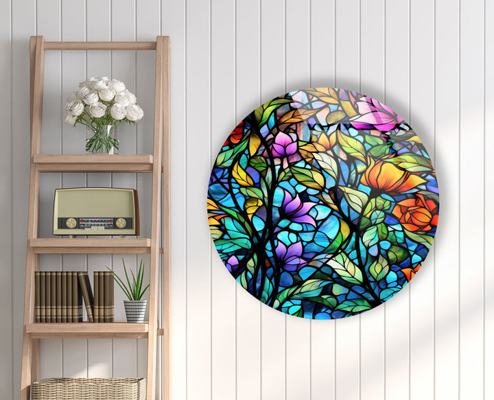 Colorful Stained with Flowers Round Glass Wall Art art glass wall art, glass wall art pictures
