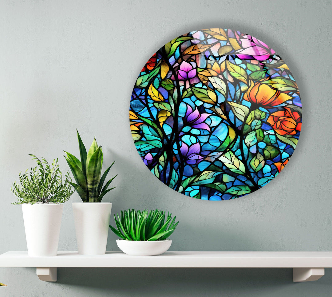 Colorful Stained with Flowers Round Glass Wall Art glass image printing, glass prints from photos
