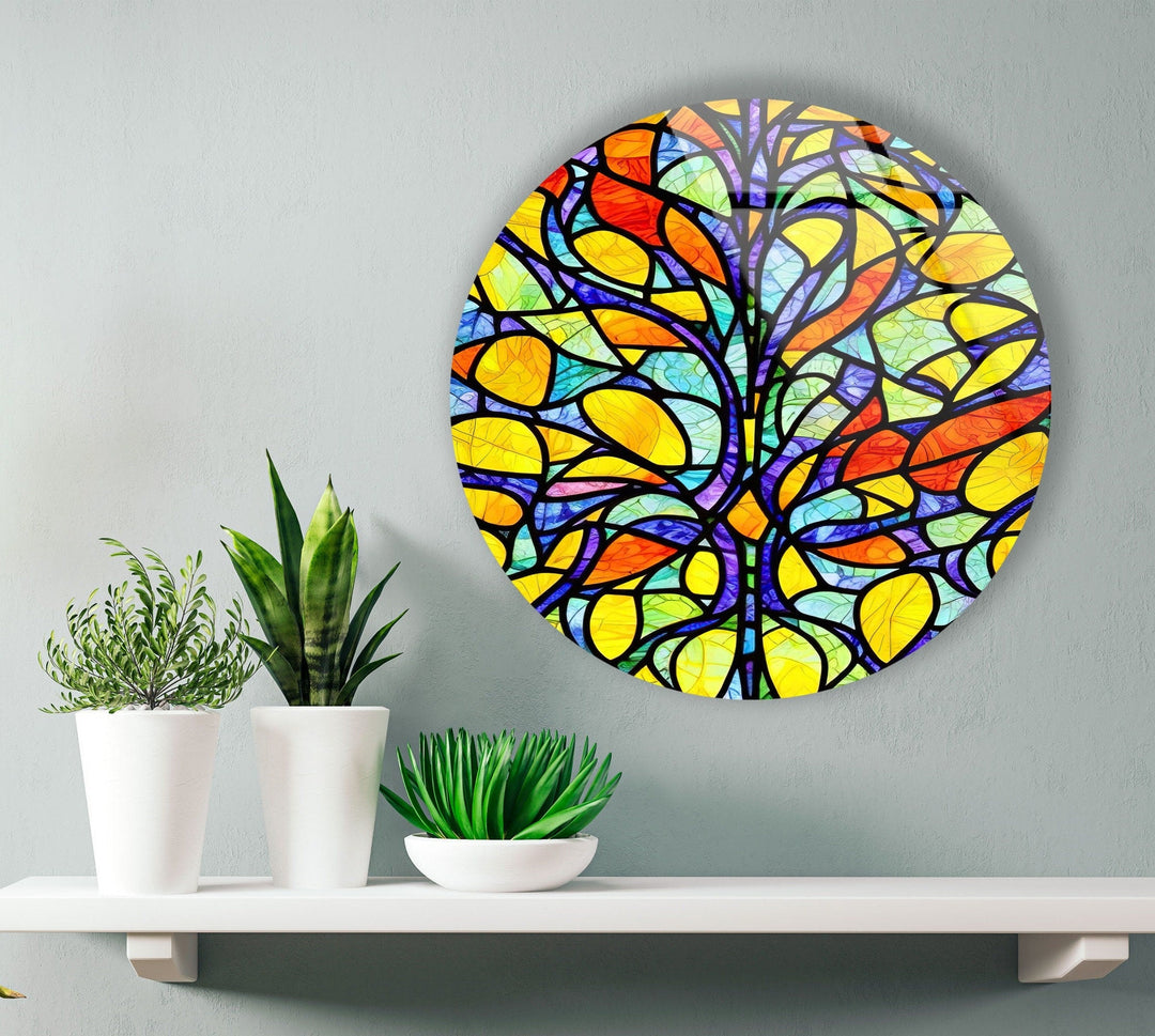 Stained Round Yellow Tree Glass Wall Art glass art painting, glass art for the Wall
