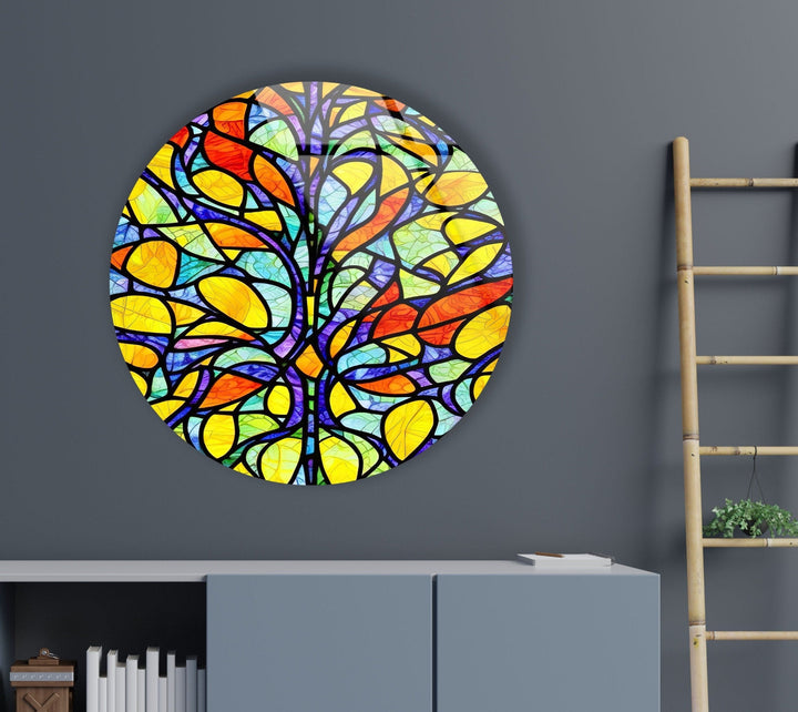 Stained Round Yellow Tree Glass Wall Art glass image printing, glass prints from photos
