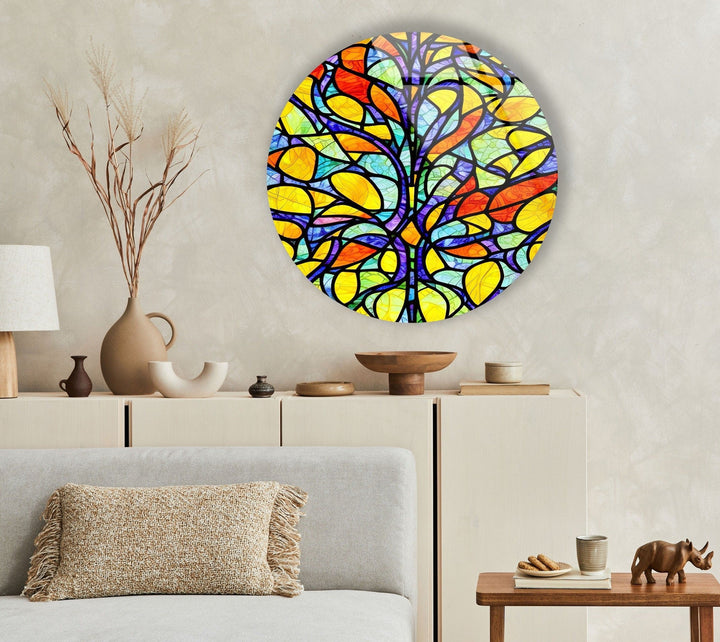 Stained Round Yellow Tree Glass Wall Art glass pictures for Wall, glass prints wall art
