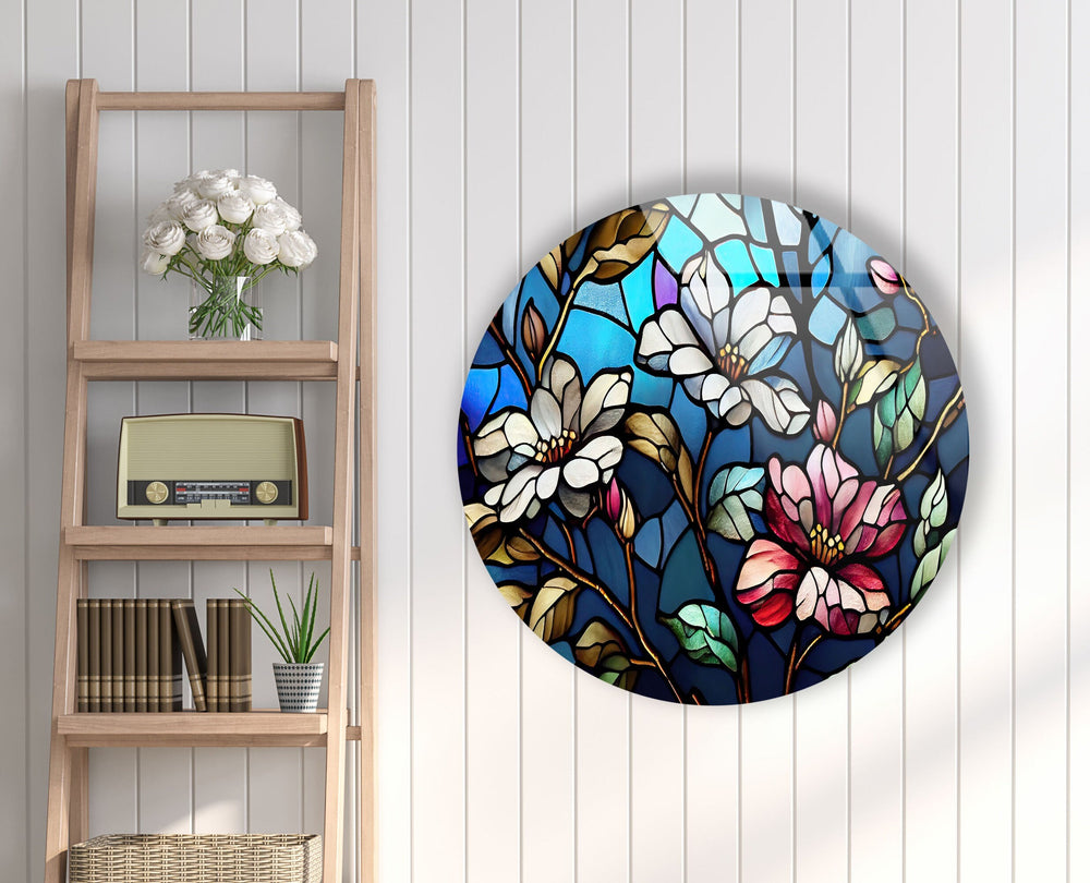 Stained White Magnolia Round Glass Wall Art art glass wall art, glass wall art pictures
