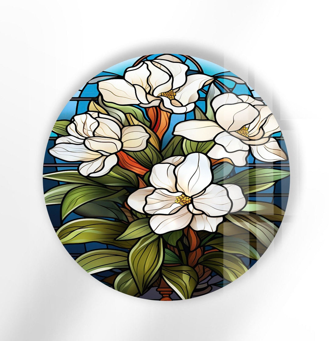 Stained Round White Flowers Glass Wall Art glass image printing, glass prints from photos
