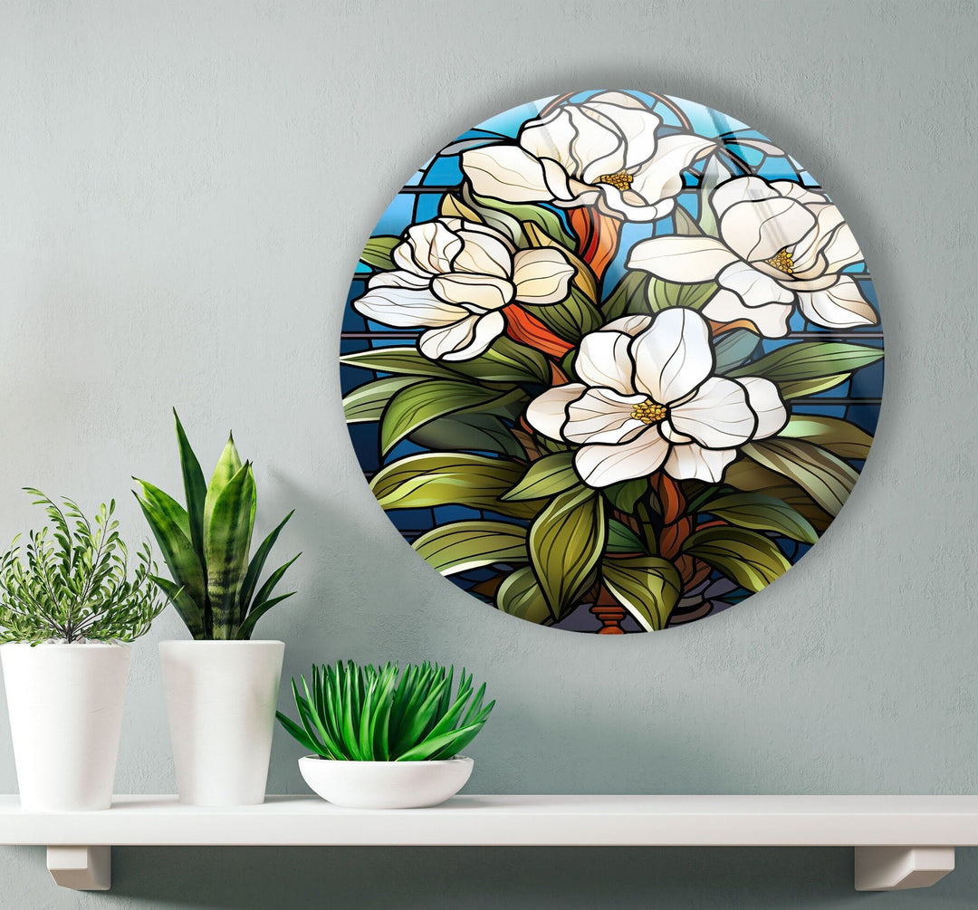 Stained Round White Flowers Glass Wall Art glass photo prints, glass picture prints
