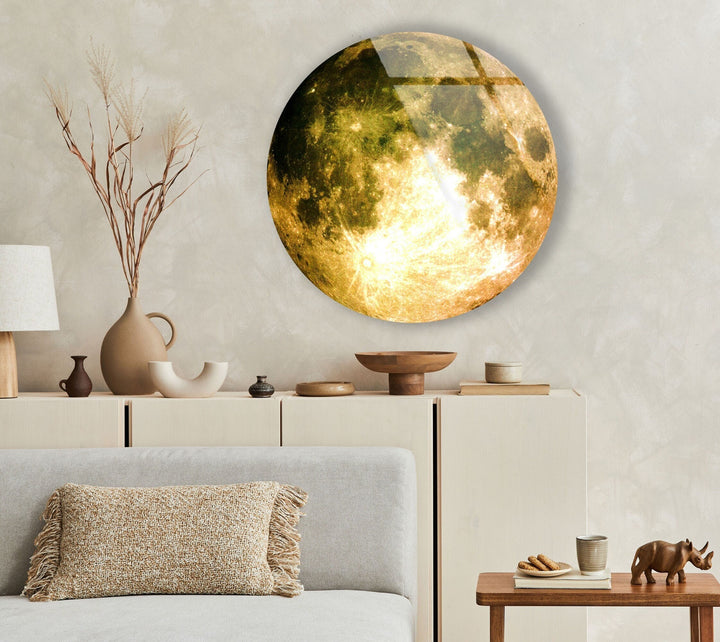 Moon Patterned Golden Abstract Round Glass Wall Art picture on glass wall art, photos printed on glass
