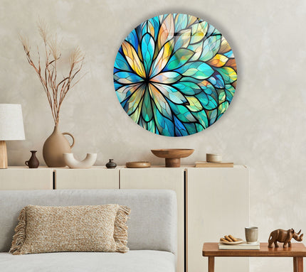 Stained Green Flower Round Glass Wall Art