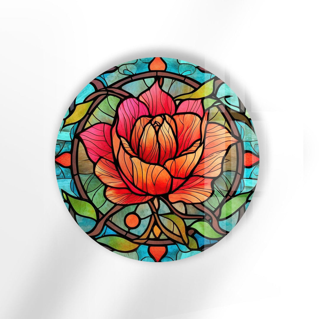 Stained Round Red Rose Glass Wall Art glass photo prints, glass picture prints
