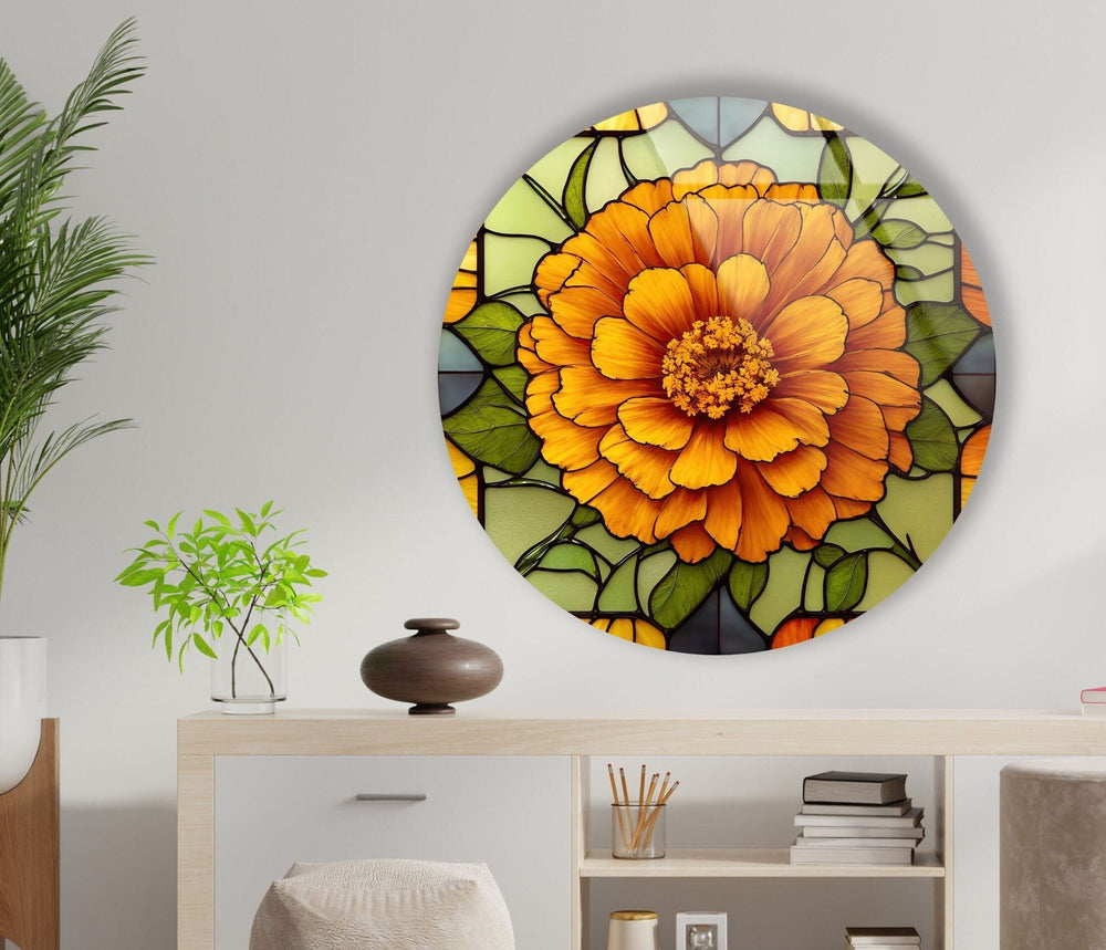 Marigold Flower Stained Round Glass Wall Art glass wall decor, glass wall art decor
