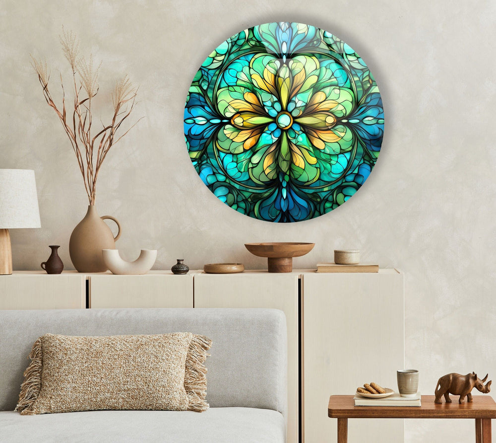 Big Green Flower Stained Round Glass Wall Art glass wall decor, glass wall art decor
