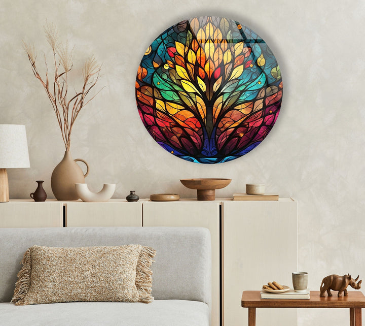 Tree Design Stained Round Glass Wall Art photo print on glass, prints on glass wall art
