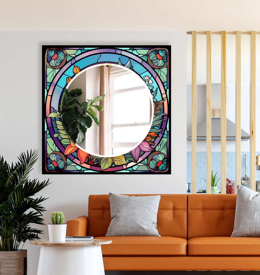 Colored Flowers Stained Wall Mirror Square Wall Mirror
