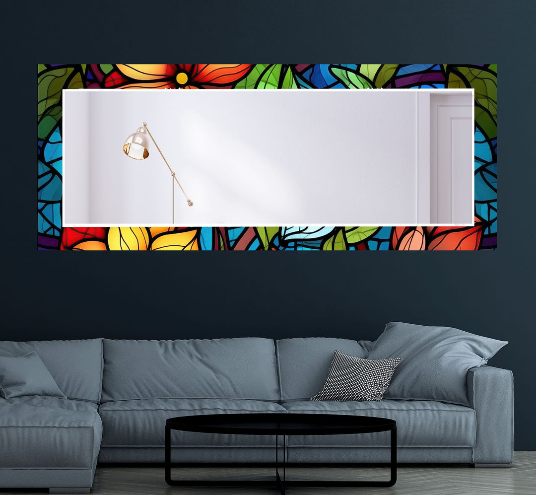 Stained Blue and Orange Flower Wall Mirror Large Wall Mirror
