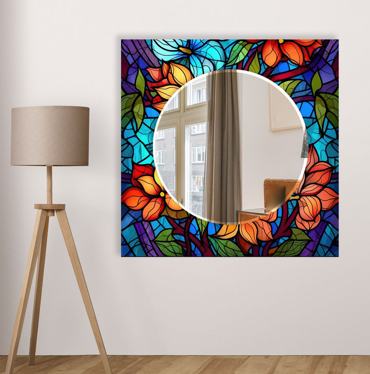 Stained Blue and Orange Flower Wall Mirror Long Mirror
