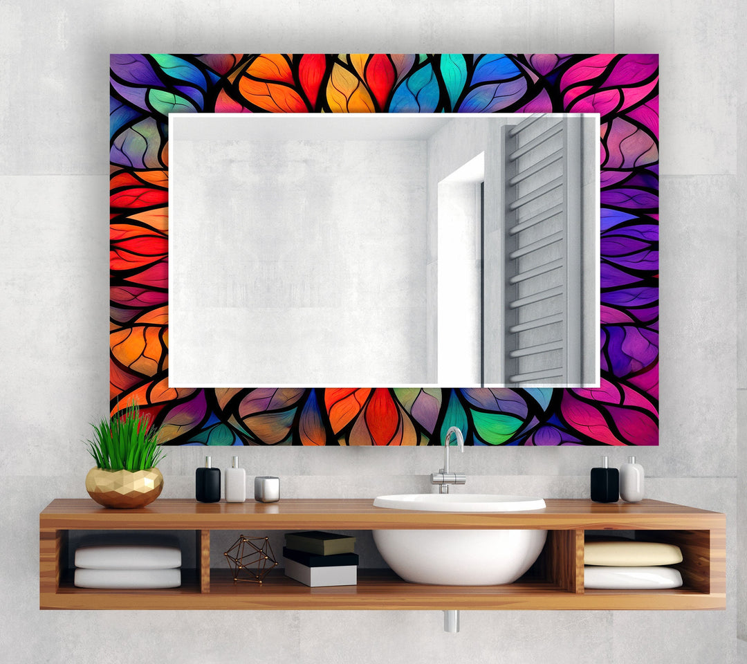 Colored Leaf Details Stained Wall Mirror Large Mirror Stained Glass Mirror