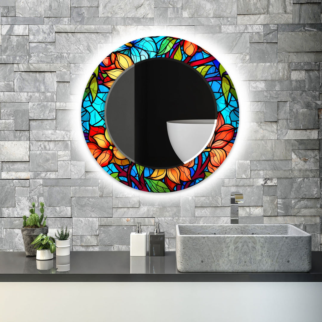 Orange & Blue Flowers Wall Mirror Gold Wall Mirror
