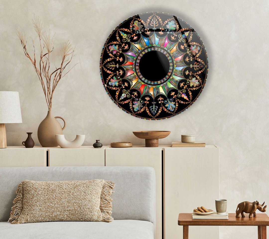 Black Mandala Round Glass Wall Art large glass photo prints, glass wall photos
