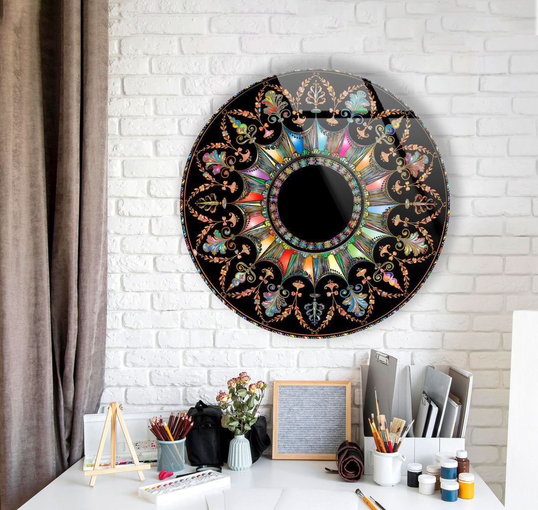 Black Mandala Round Glass Wall Art glass pictures for Wall, glass prints wall art
